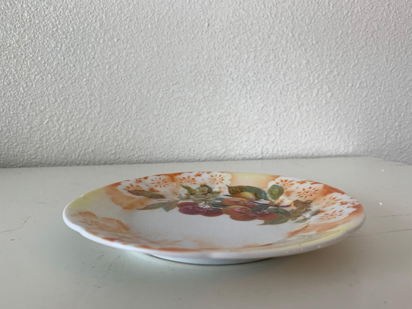Vintage China Plate, Hand Painted With Cherry Design And Orange Flowers Edge, Vintage Porcelain Bread Plate -Located at Funkyhouse Vintage Antique Store, Weiser Idaho