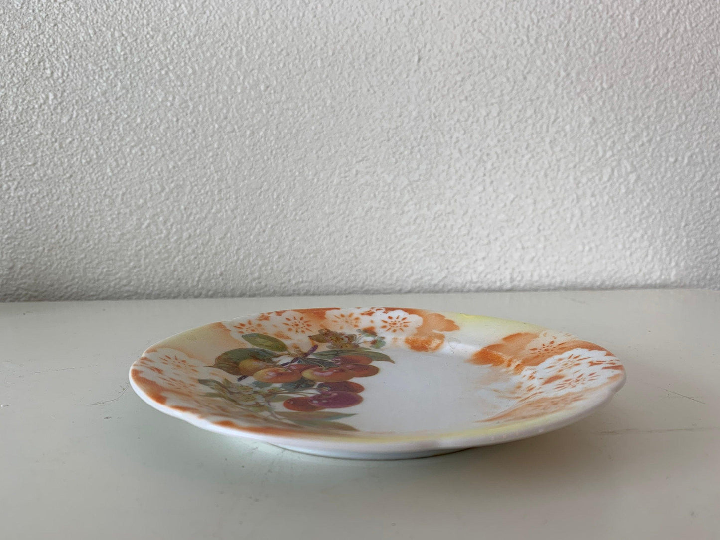 Vintage China Plate, Hand Painted With Cherry Design And Orange Flowers Edge, Vintage Porcelain Bread Plate -Located at Funkyhouse Vintage Antique Store, Weiser Idaho