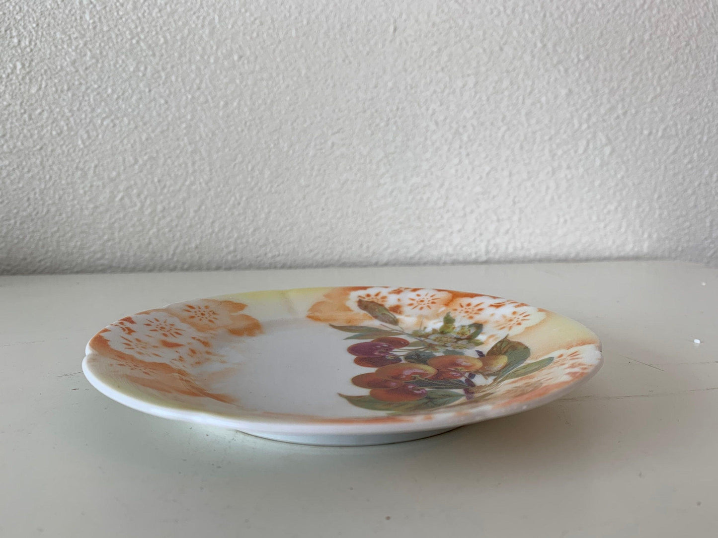 Vintage China Plate, Hand Painted With Cherry Design And Orange Flowers Edge, Vintage Porcelain Bread Plate -Located at Funkyhouse Vintage Antique Store, Weiser Idaho