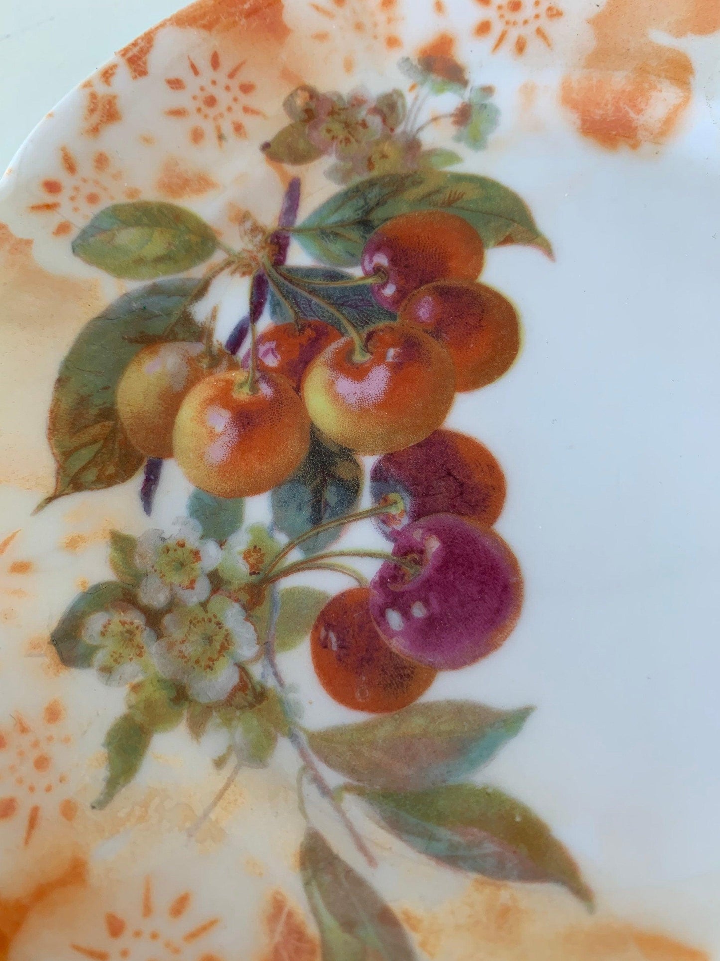 Vintage China Plate, Hand Painted With Cherry Design And Orange Flowers Edge, Vintage Porcelain Bread Plate -Located at Funkyhouse Vintage Antique Store, Weiser Idaho