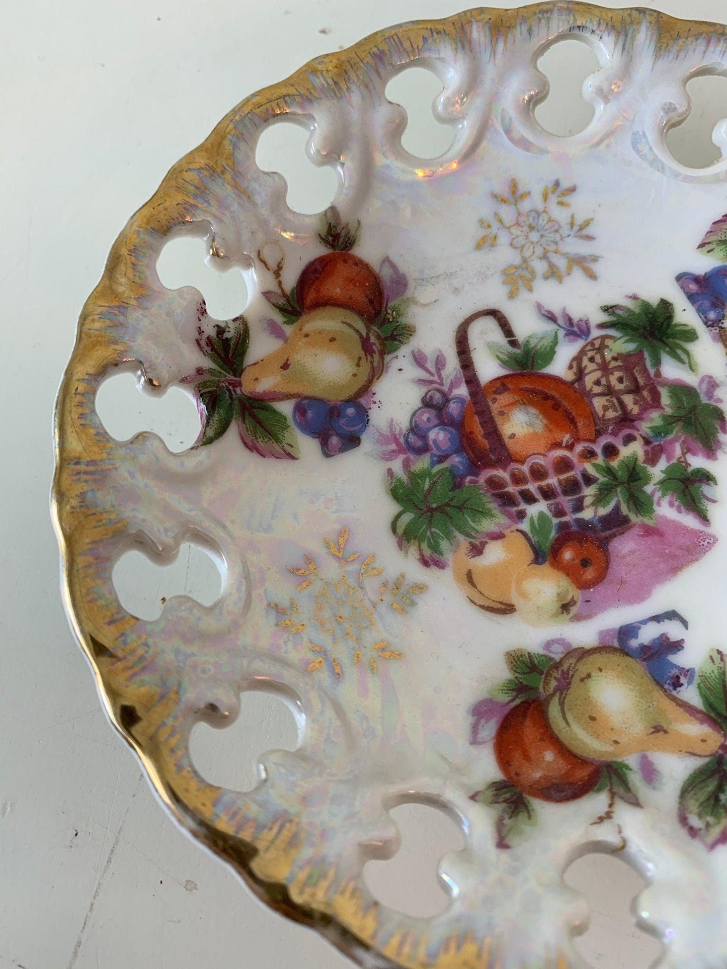 Vintage China Plate, Hand Painted With Fruit Basket Design And Gold Scalloped Edge, Vintage Porcelain Bread Plate -Located at Funkyhouse Vintage Antique Store, Weiser Idaho