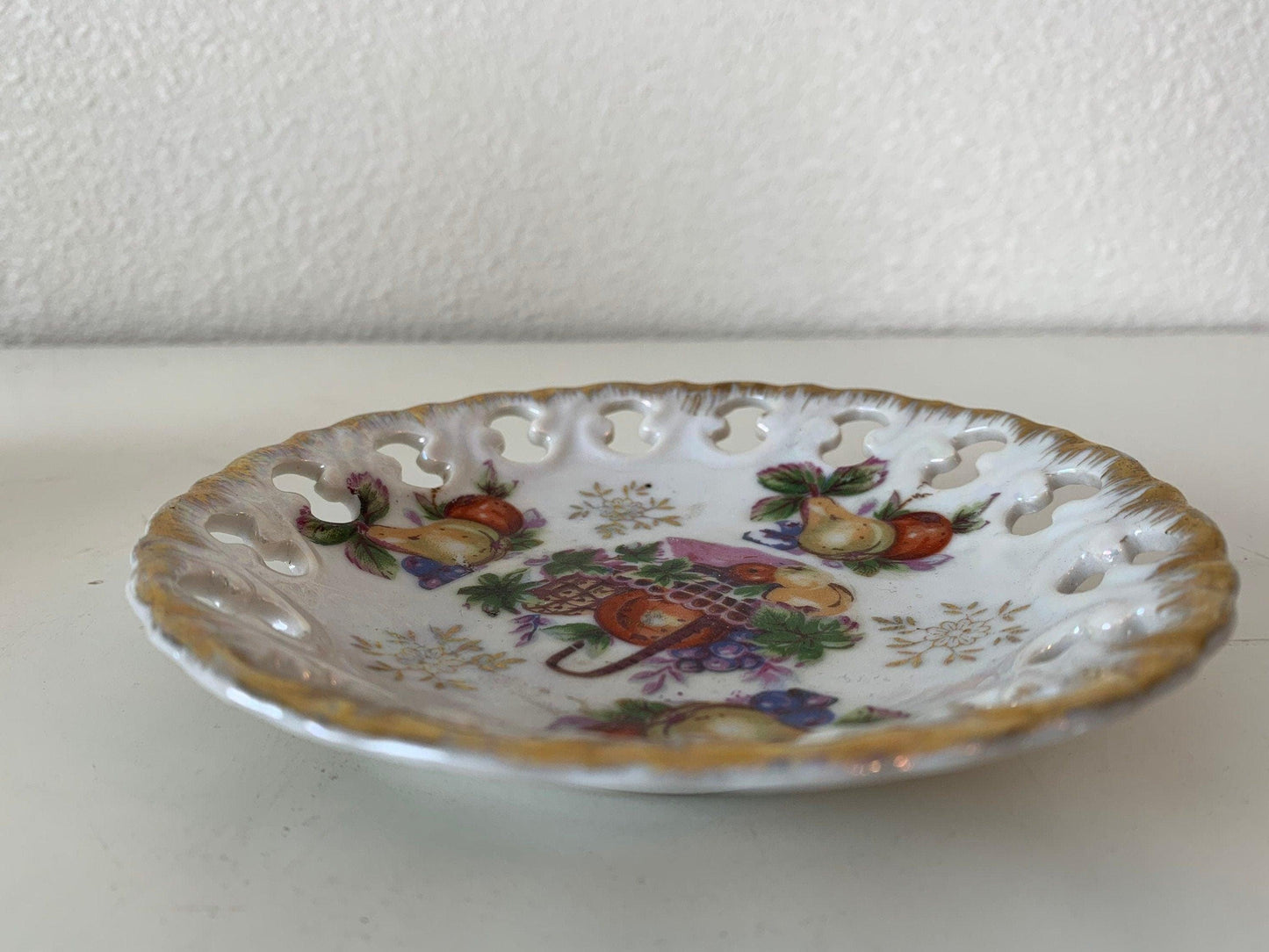 Vintage China Plate, Hand Painted With Fruit Basket Design And Gold Scalloped Edge, Vintage Porcelain Bread Plate -Located at Funkyhouse Vintage Antique Store, Weiser Idaho