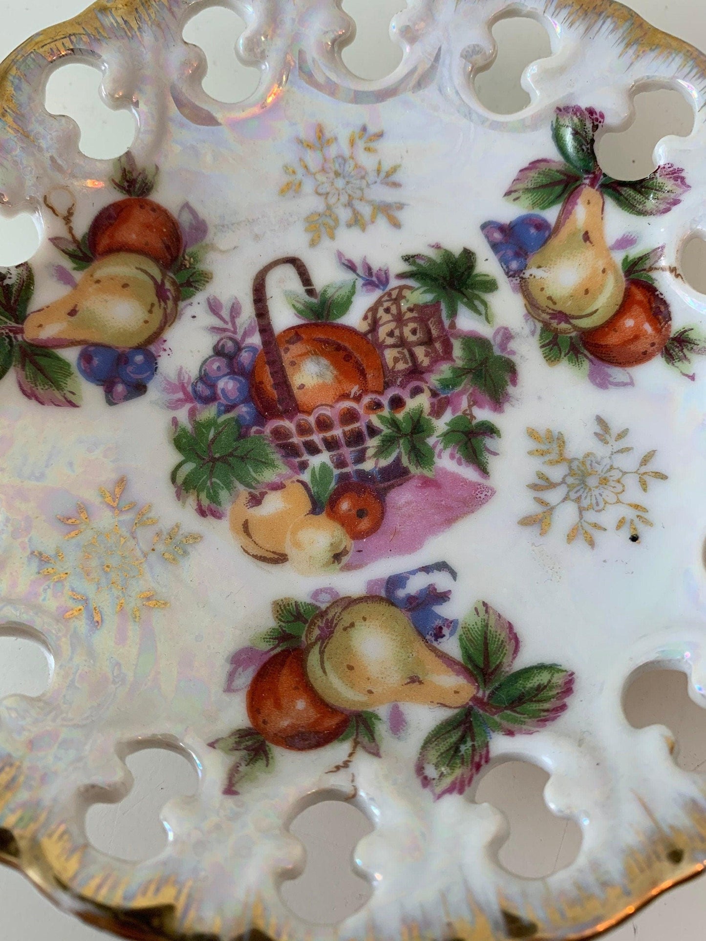 Vintage China Plate, Hand Painted With Fruit Basket Design And Gold Scalloped Edge, Vintage Porcelain Bread Plate -Located at Funkyhouse Vintage Antique Store, Weiser Idaho