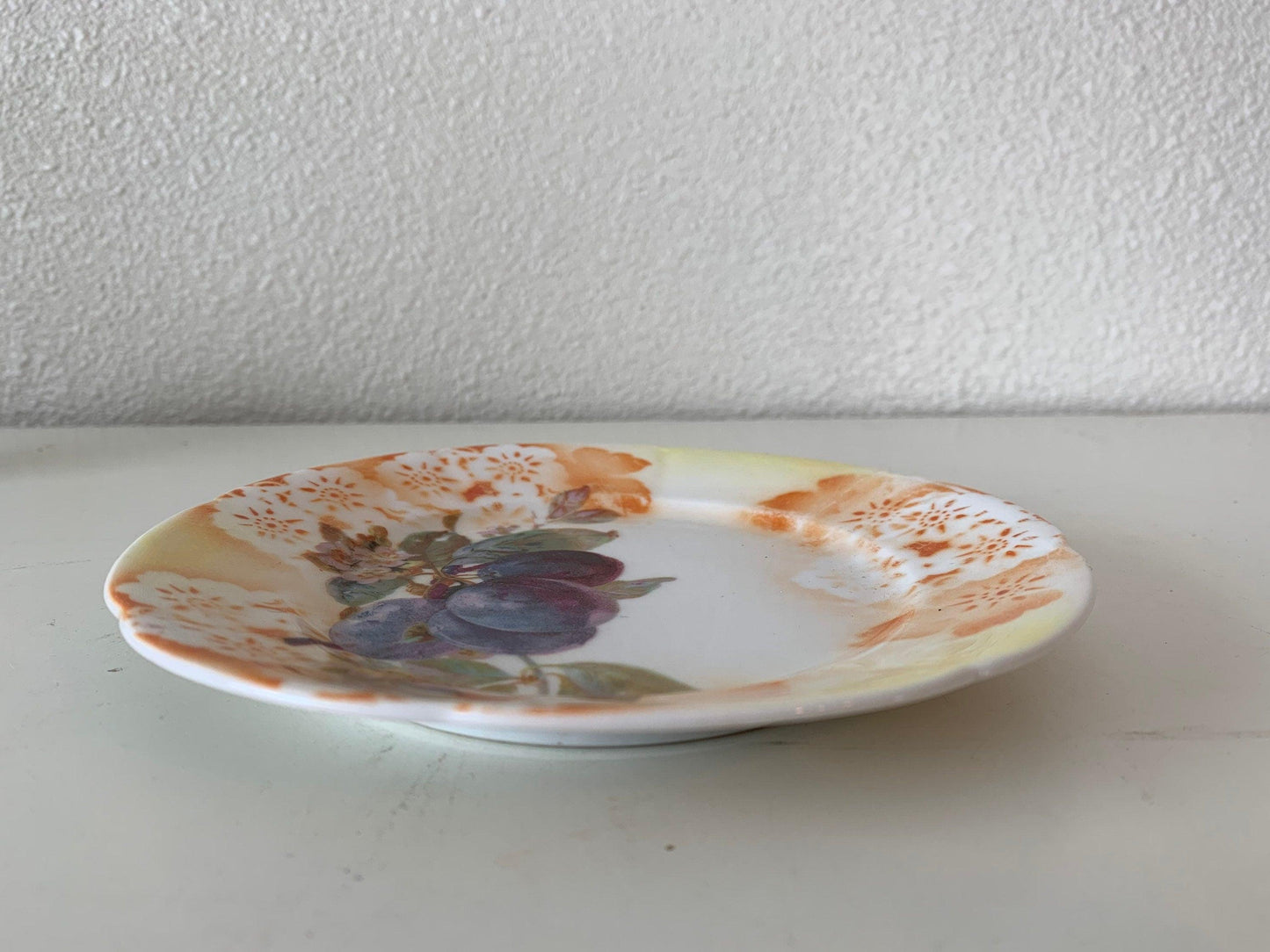 Vintage China Plate, Hand Painted With Grape Design And Orange Flowers Edge, Vintage Porcelain Bread Plate -Located at Funkyhouse Vintage Antique Store, Weiser Idaho