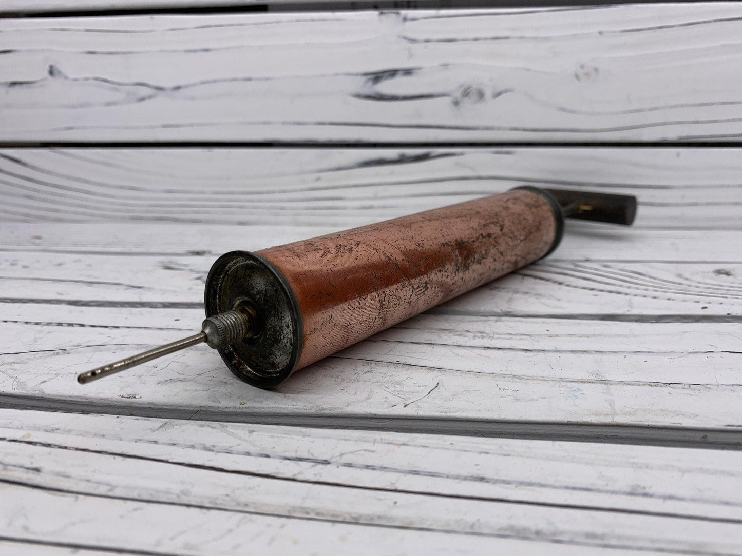 Vintage Copper Air Pump With Wood Handle, Antique Manual Pump, Industrial Dark Academia Decor, Man Cave or Garage -Located at Funkyhouse Vintage Antique Store, Weiser Idaho