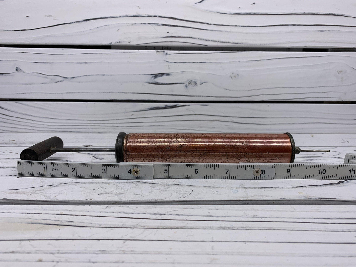 Vintage Copper Air Pump With Wood Handle, Antique Manual Pump, Industrial Dark Academia Decor, Man Cave or Garage -Located at Funkyhouse Vintage Antique Store, Weiser Idaho