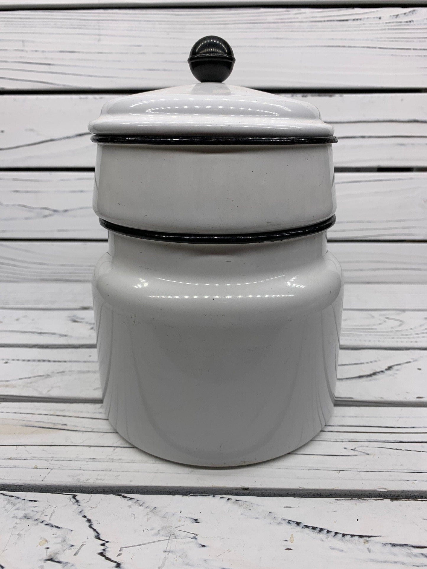 Vintage Cream Enamelware Double Boiler with Black Trim -Located at Funkyhouse Vintage Antique Store, Weiser Idaho