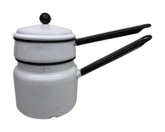 Vintage Cream Enamelware Double Boiler with Black Trim -Located at Funkyhouse Vintage Antique Store, Weiser Idaho
