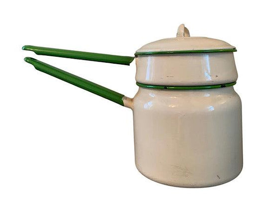 Vintage Cream Enamelware Double Boiler with Green Trim -Located at Funkyhouse Vintage Antique Store, Weiser Idaho