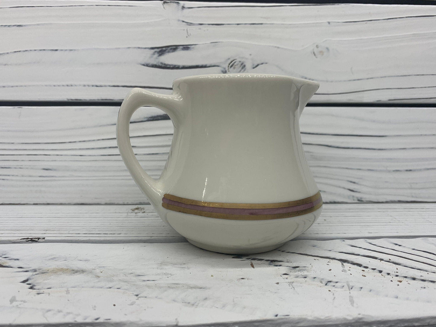 Vintage Creamer by Homer Laughlin, HLC USA Off White Creamer with Gold and Pink Purple Stripe -Located at Funkyhouse Vintage Antique Store, Weiser Idaho