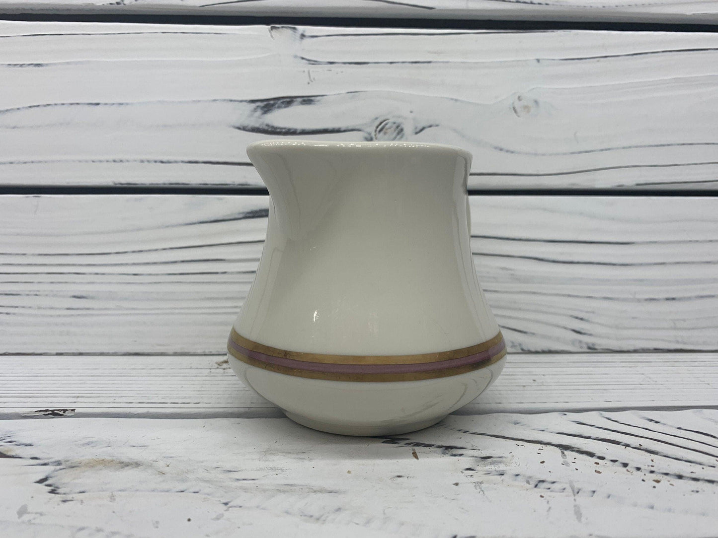 Vintage Creamer by Homer Laughlin, HLC USA Off White Creamer with Gold and Pink Purple Stripe -Located at Funkyhouse Vintage Antique Store, Weiser Idaho