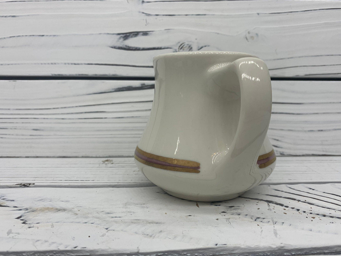 Vintage Creamer by Homer Laughlin, HLC USA Off White Creamer with Gold and Pink Purple Stripe -Located at Funkyhouse Vintage Antique Store, Weiser Idaho