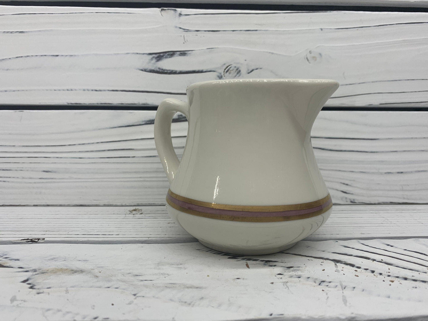 Vintage Creamer by Homer Laughlin, HLC USA Off White Creamer with Gold and Pink Purple Stripe -Located at Funkyhouse Vintage Antique Store, Weiser Idaho