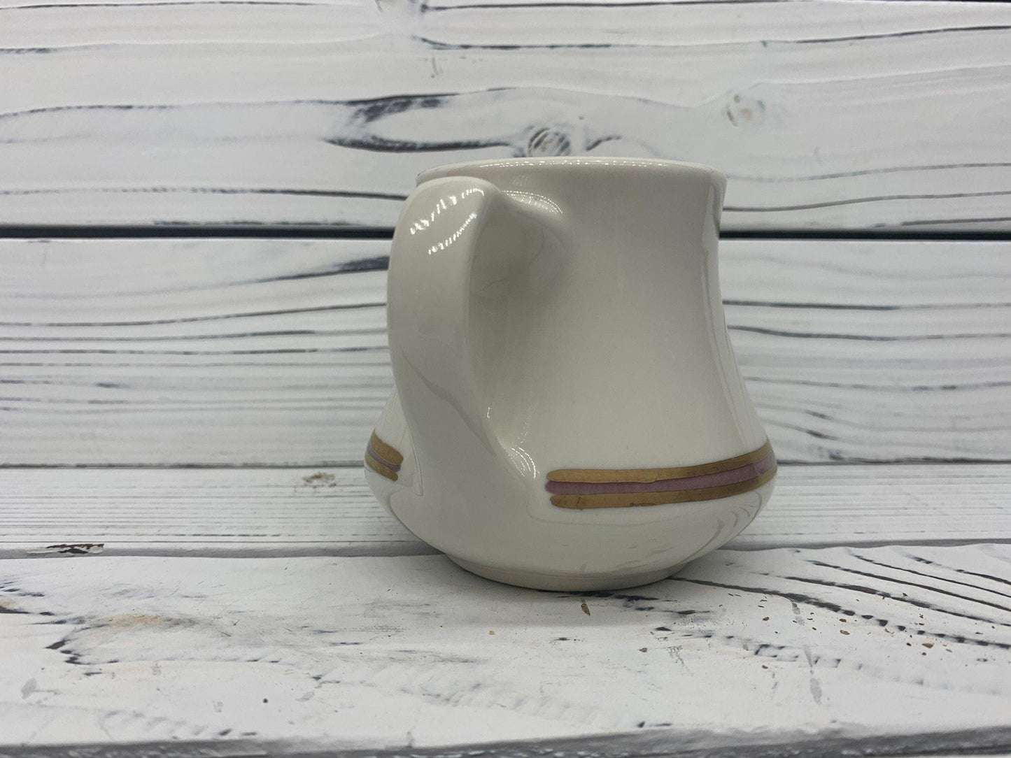 Vintage Creamer by Homer Laughlin, HLC USA Off White Creamer with Gold and Pink Purple Stripe -Located at Funkyhouse Vintage Antique Store, Weiser Idaho