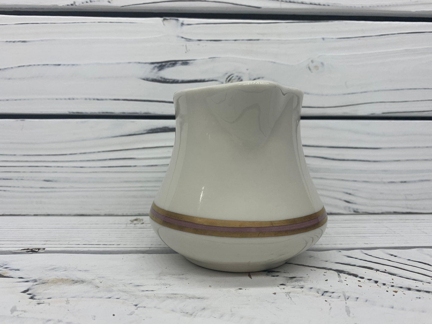 Vintage Creamer by Homer Laughlin, HLC USA Off White Creamer with Gold and Pink Purple Stripe -Located at Funkyhouse Vintage Antique Store, Weiser Idaho
