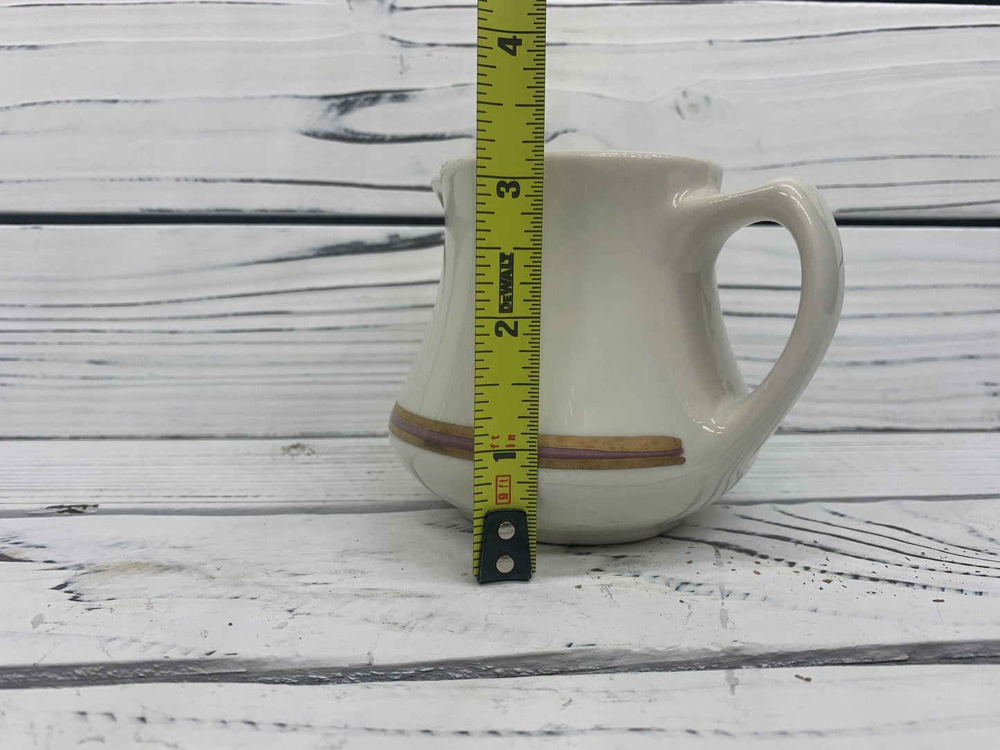 Vintage Creamer by Homer Laughlin, HLC USA Off White Creamer with Gold and Pink Purple Stripe -Located at Funkyhouse Vintage Antique Store, Weiser Idaho