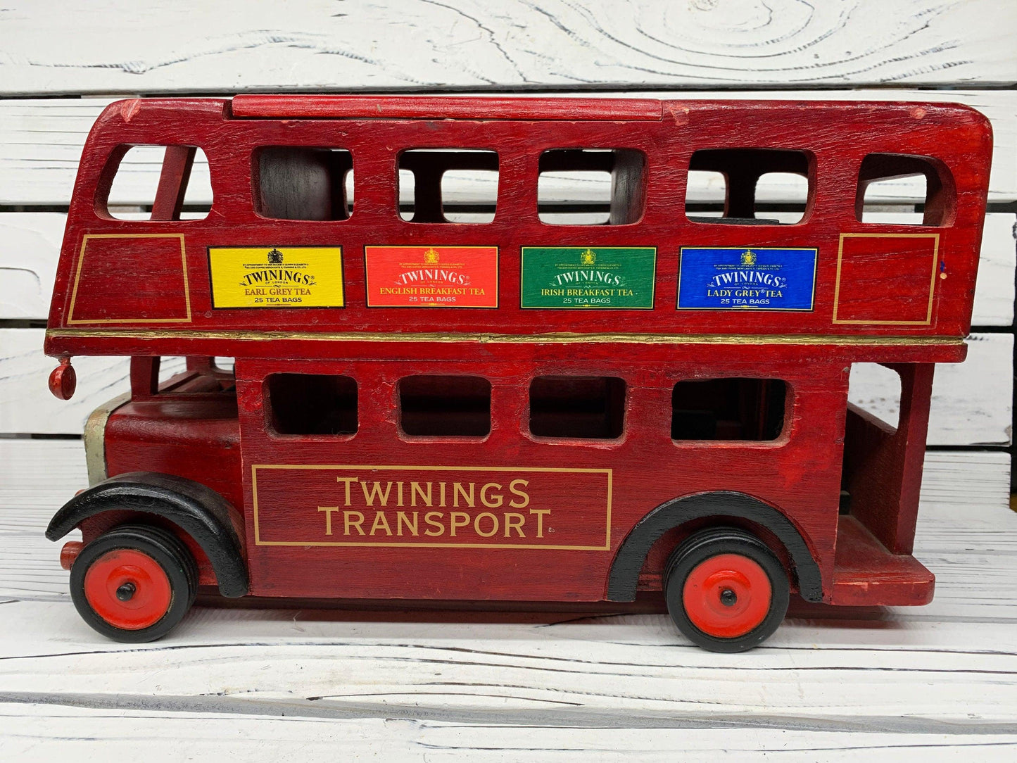 Vintage Double Decker Bus, Twinings Tea Red Bus, Wooden Double Decker London Style Bus -Located at Funkyhouse Vintage Antique Store, Weiser Idaho