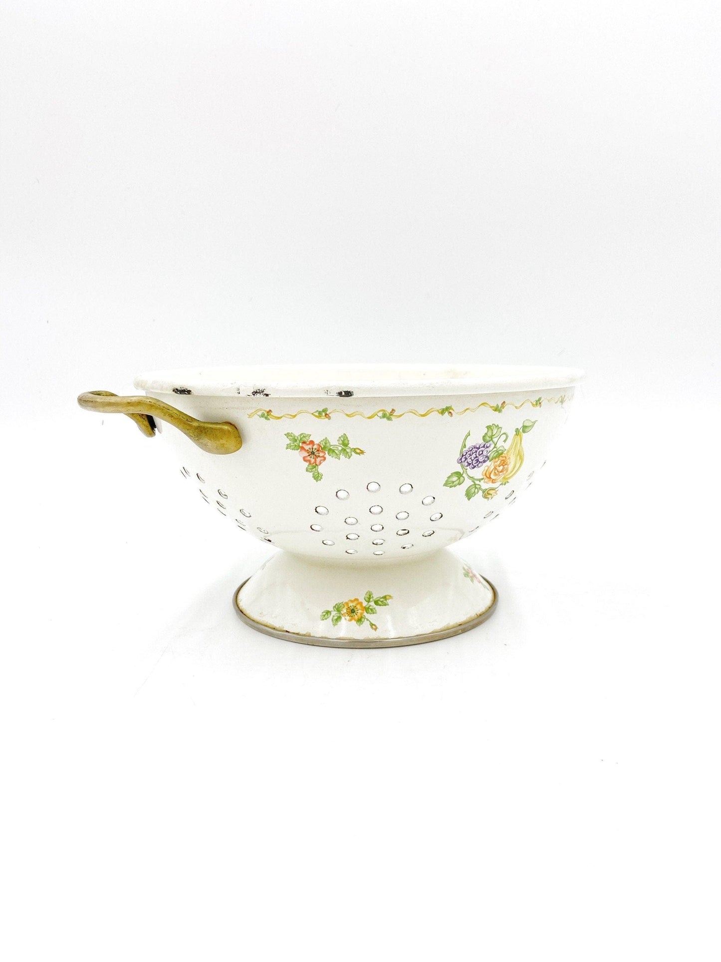 Vintage Enamelware Colander, Cream With Orange Flowers, Purple Grapes And Yellow Pear, Detail Vines, Decorative Kitchen Decor, Teleflora -Located at Funkyhouse Vintage Antique Store, Weiser Idaho