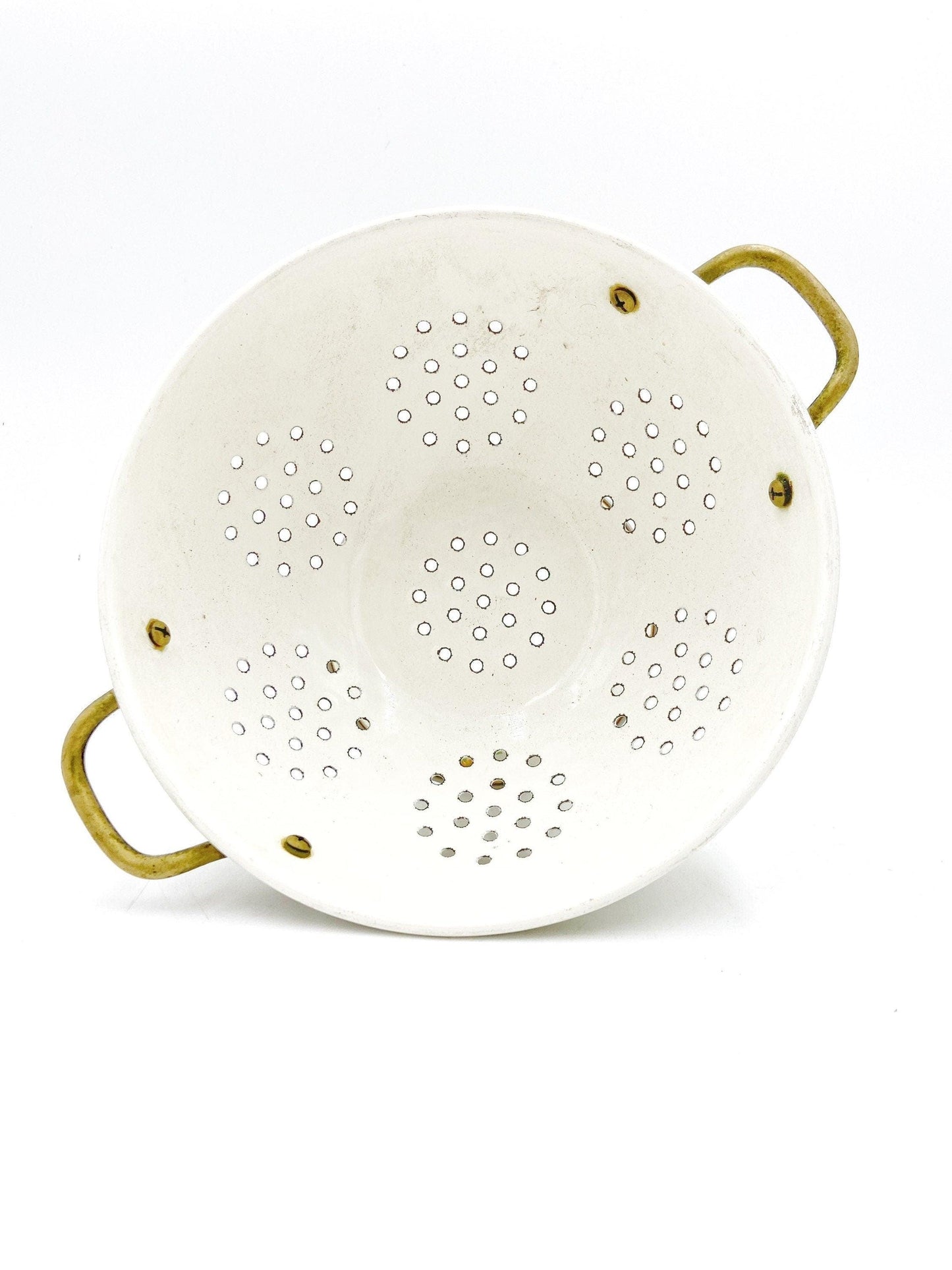 Vintage Enamelware Colander, Cream With Orange Flowers, Purple Grapes And Yellow Pear, Detail Vines, Decorative Kitchen Decor, Teleflora -Located at Funkyhouse Vintage Antique Store, Weiser Idaho