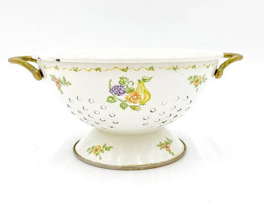 Vintage Enamelware Colander, Cream With Orange Flowers, Purple Grapes And Yellow Pear, Detail Vines, Decorative Kitchen Decor, Teleflora -Located at Funkyhouse Vintage Antique Store, Weiser Idaho