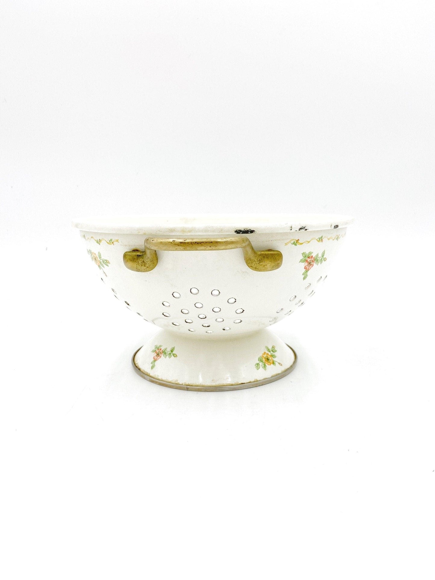 Vintage Enamelware Colander, Cream With Orange Flowers, Purple Grapes And Yellow Pear, Detail Vines, Decorative Kitchen Decor, Teleflora -Located at Funkyhouse Vintage Antique Store, Weiser Idaho