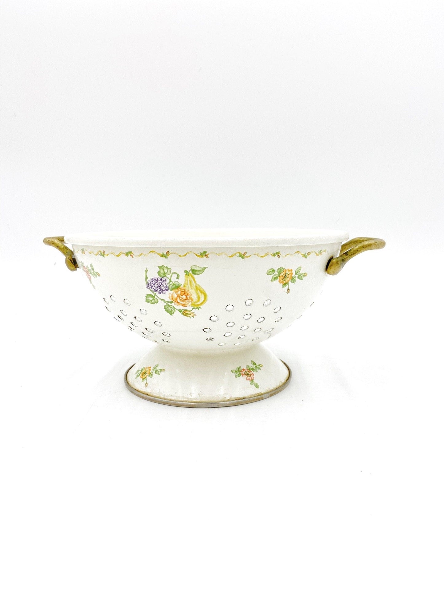 Vintage Enamelware Colander, Cream With Orange Flowers, Purple Grapes And Yellow Pear, Detail Vines, Decorative Kitchen Decor, Teleflora -Located at Funkyhouse Vintage Antique Store, Weiser Idaho