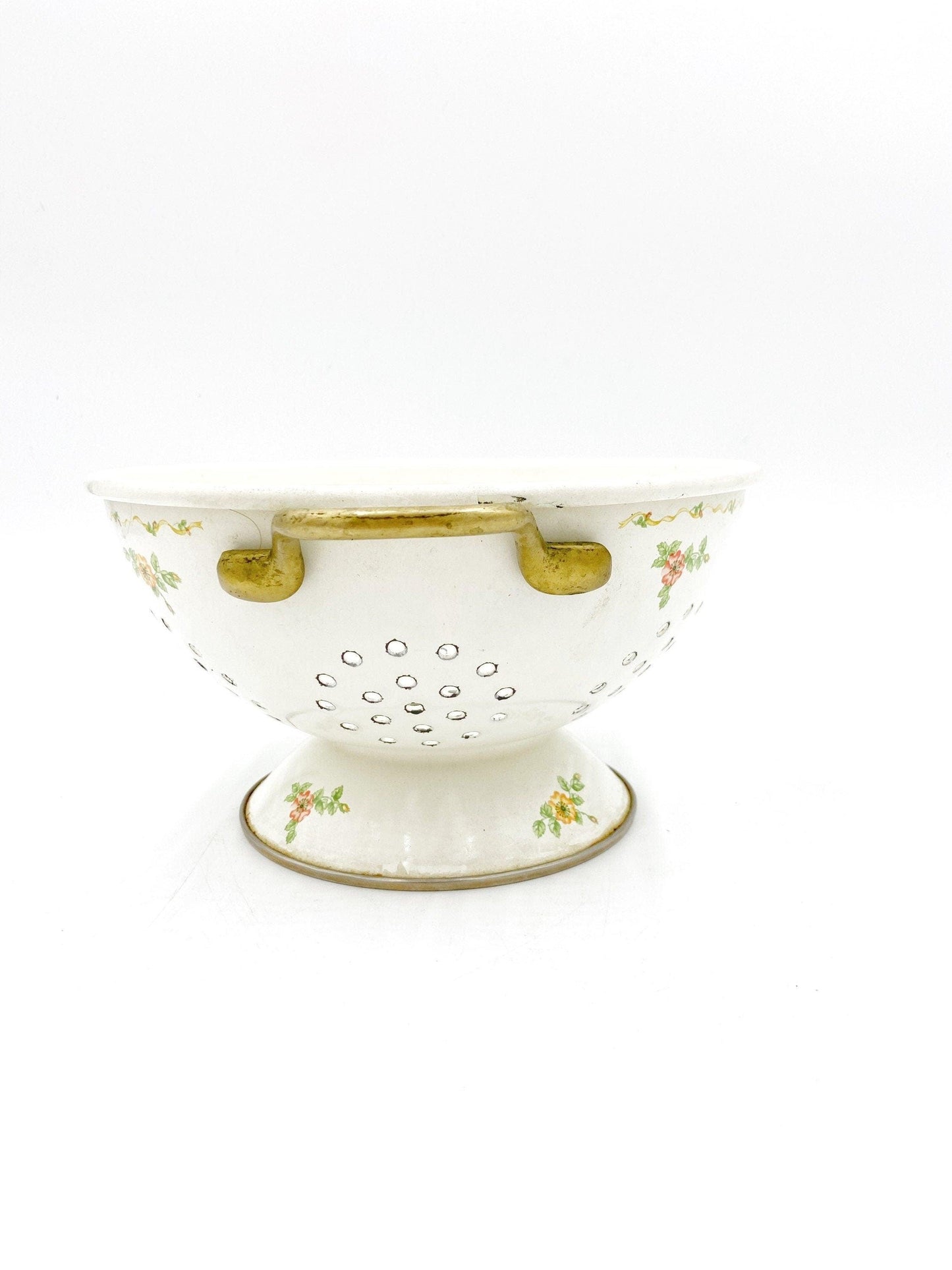 Vintage Enamelware Colander, Cream With Orange Flowers, Purple Grapes And Yellow Pear, Detail Vines, Decorative Kitchen Decor, Teleflora -Located at Funkyhouse Vintage Antique Store, Weiser Idaho