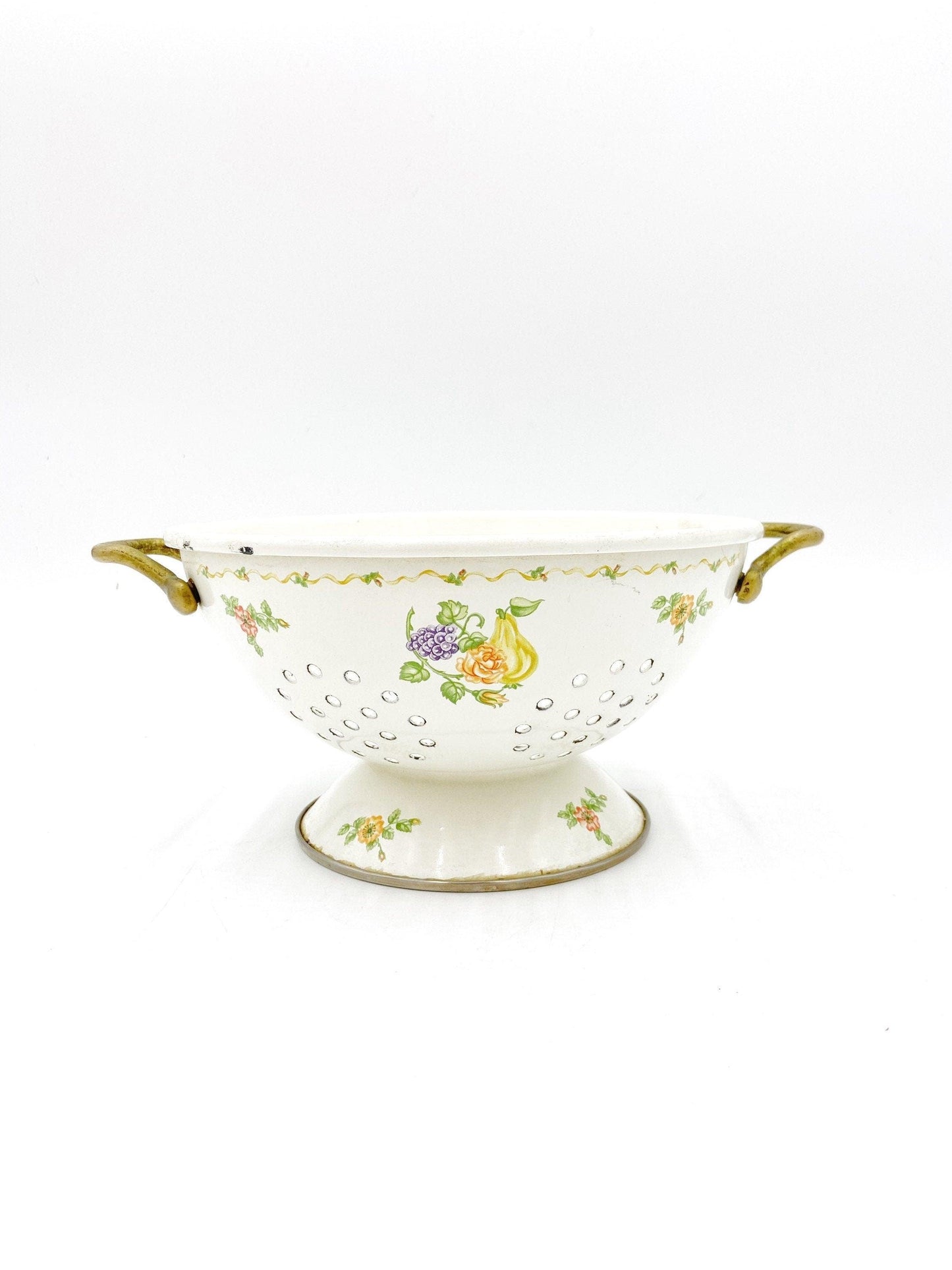 Vintage Enamelware Colander, Cream With Orange Flowers, Purple Grapes And Yellow Pear, Detail Vines, Decorative Kitchen Decor, Teleflora -Located at Funkyhouse Vintage Antique Store, Weiser Idaho