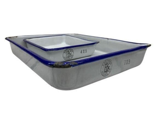 Vintage Enamelware Trays by Eastman Kodak Co, Set of Two White With Blue Trim Printing Trays With Spout For Photography -Located at Funkyhouse Vintage Antique Store, Weiser Idaho