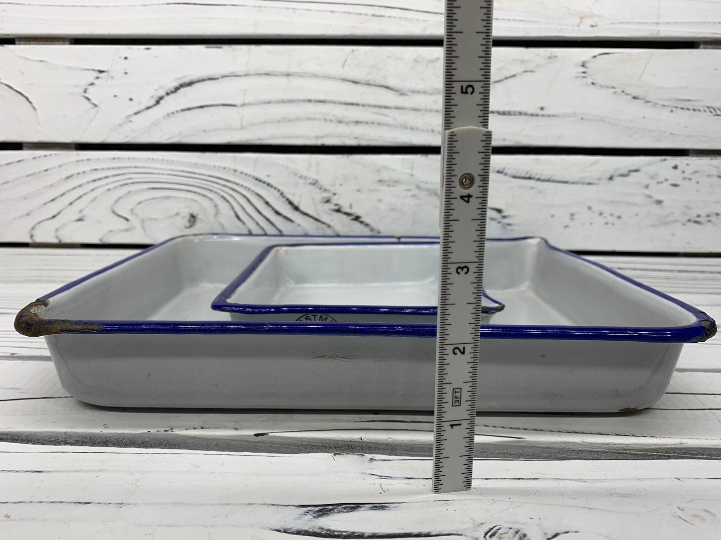 Vintage Enamelware Trays by Eastman Kodak Co, Set of Two White With Blue Trim Printing Trays With Spout For Photography -Located at Funkyhouse Vintage Antique Store, Weiser Idaho