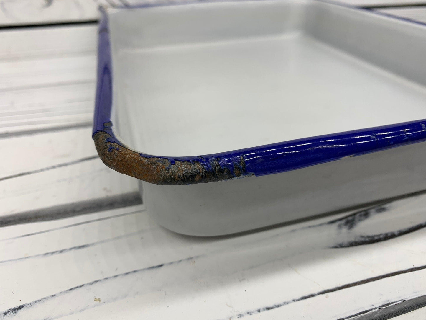 Vintage Enamelware Trays by Eastman Kodak Co, Set of Two White With Blue Trim Printing Trays With Spout For Photography -Located at Funkyhouse Vintage Antique Store, Weiser Idaho