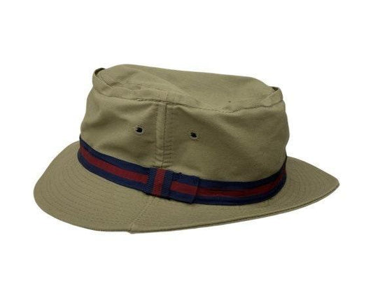Vintage Fishing Hat by Quaker Marine Supply, Beige Sun Hat For Men With Blue Red Band -Located at Funkyhouse Vintage Antique Store, Weiser Idaho