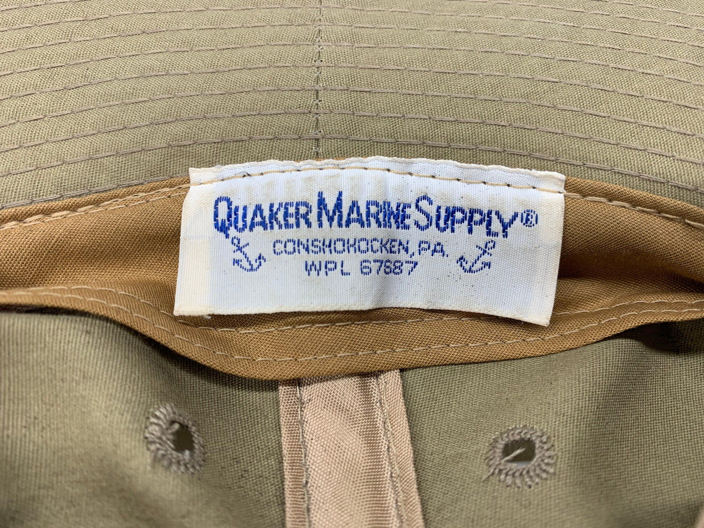 Vintage Fishing Hat by Quaker Marine Supply, Beige Sun Hat For Men With Blue Red Band -Located at Funkyhouse Vintage Antique Store, Weiser Idaho