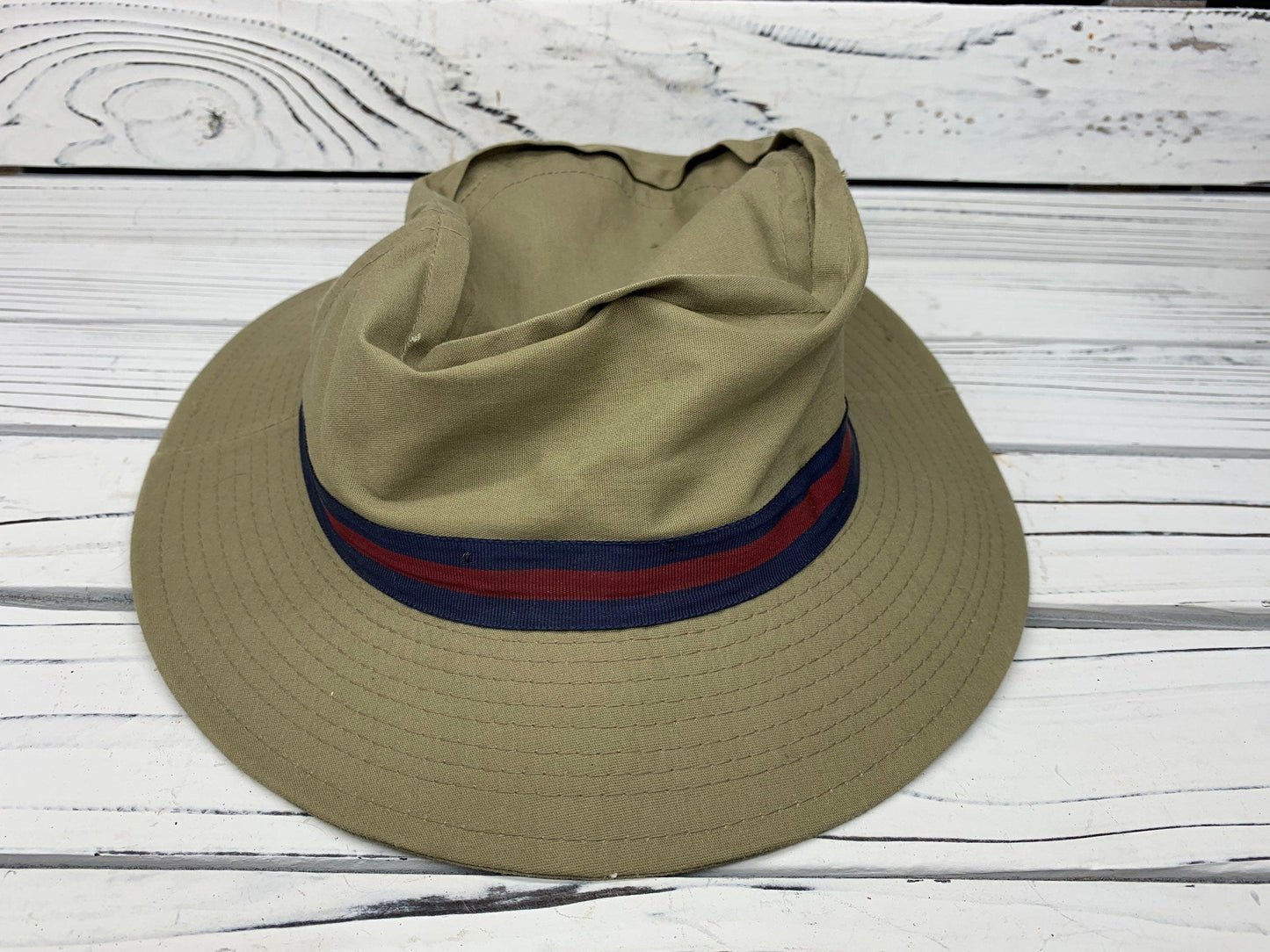 Vintage Fishing Hat by Quaker Marine Supply, Beige Sun Hat For Men With Blue Red Band -Located at Funkyhouse Vintage Antique Store, Weiser Idaho