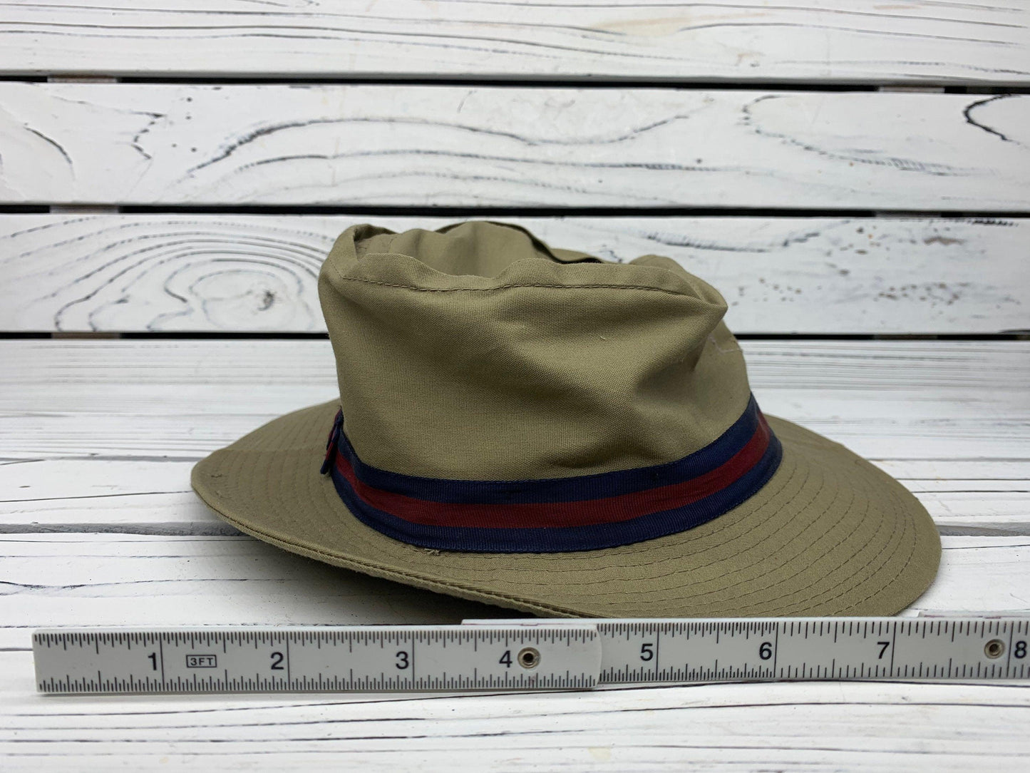 Vintage Fishing Hat by Quaker Marine Supply, Beige Sun Hat For Men With Blue Red Band -Located at Funkyhouse Vintage Antique Store, Weiser Idaho