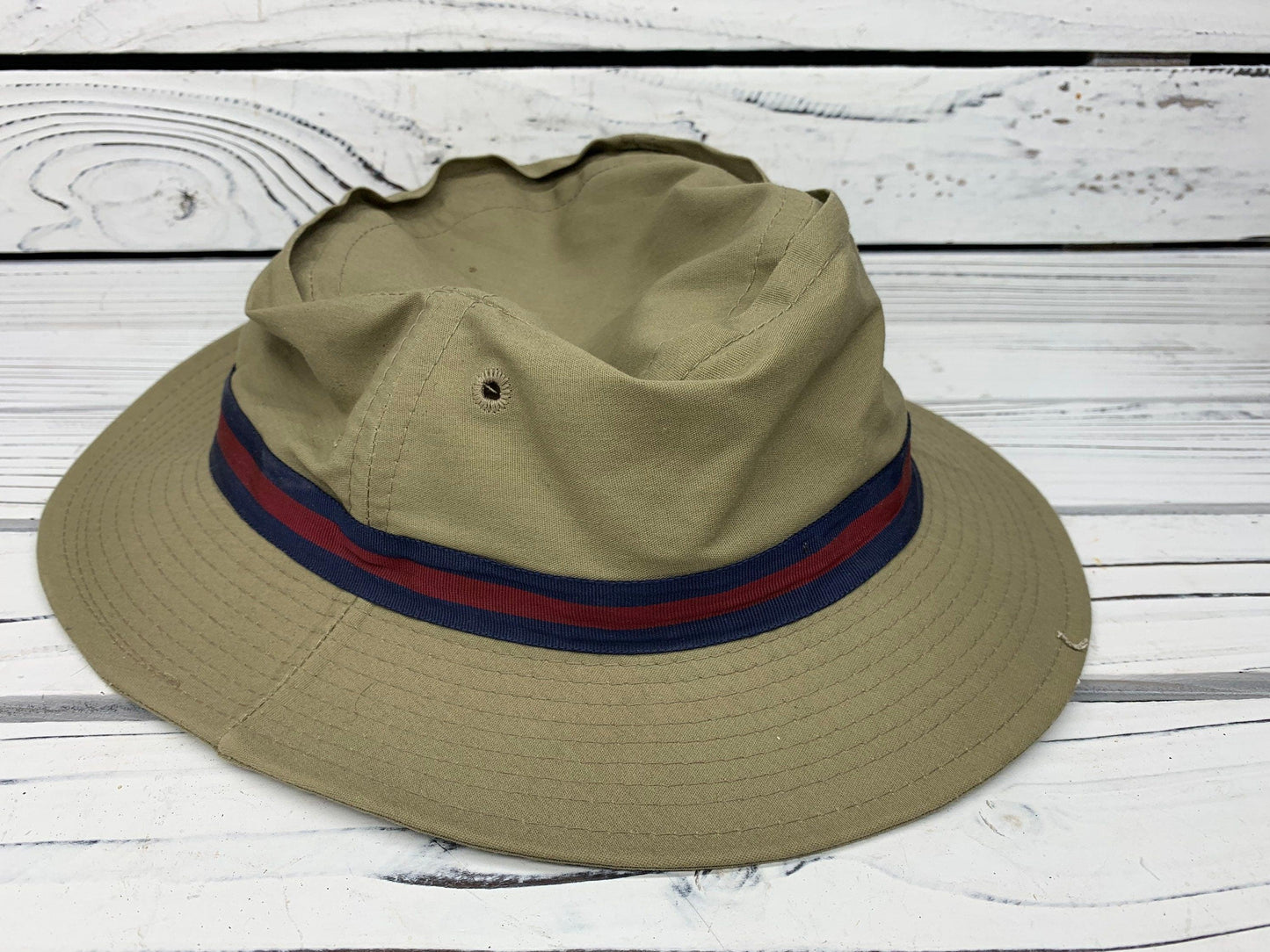 Vintage Fishing Hat by Quaker Marine Supply, Beige Sun Hat For Men With Blue Red Band -Located at Funkyhouse Vintage Antique Store, Weiser Idaho