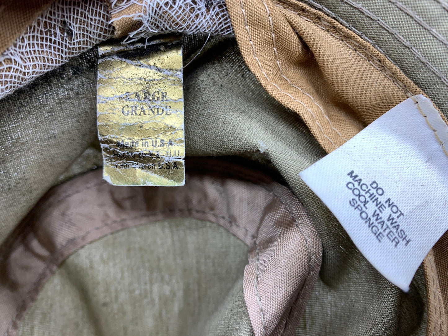 Vintage Fishing Hat by Quaker Marine Supply, Beige Sun Hat For Men With Blue Red Band -Located at Funkyhouse Vintage Antique Store, Weiser Idaho