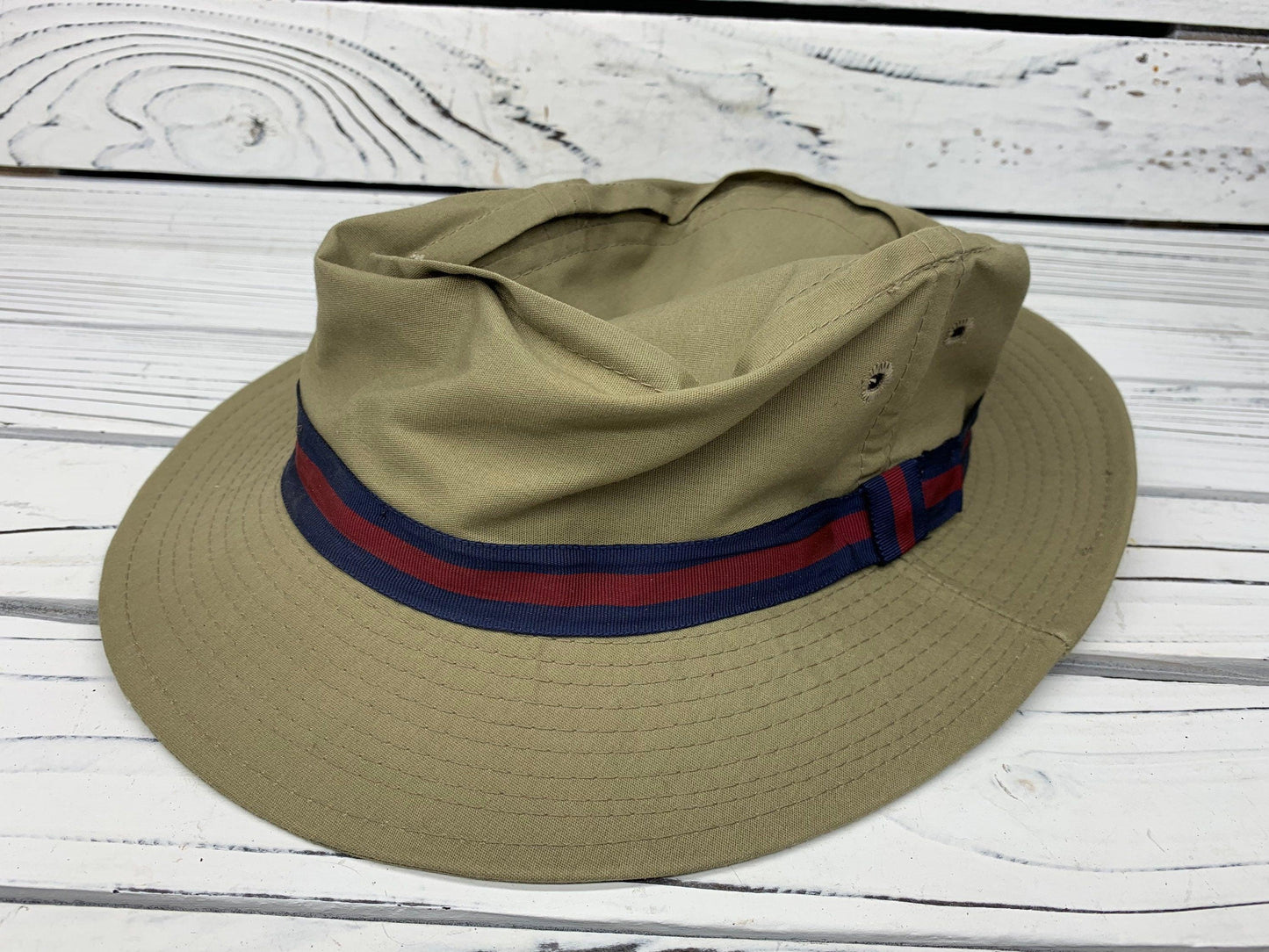 Vintage Fishing Hat by Quaker Marine Supply, Beige Sun Hat For Men With Blue Red Band -Located at Funkyhouse Vintage Antique Store, Weiser Idaho