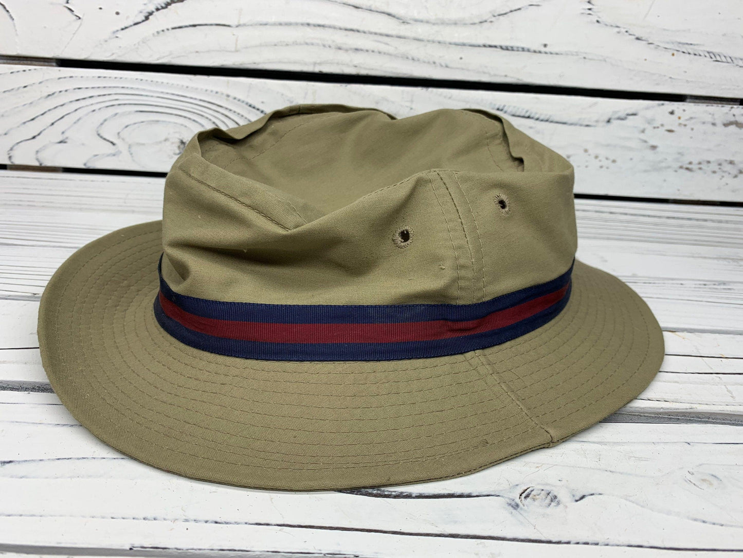 Vintage Fishing Hat by Quaker Marine Supply, Beige Sun Hat For Men With Blue Red Band -Located at Funkyhouse Vintage Antique Store, Weiser Idaho