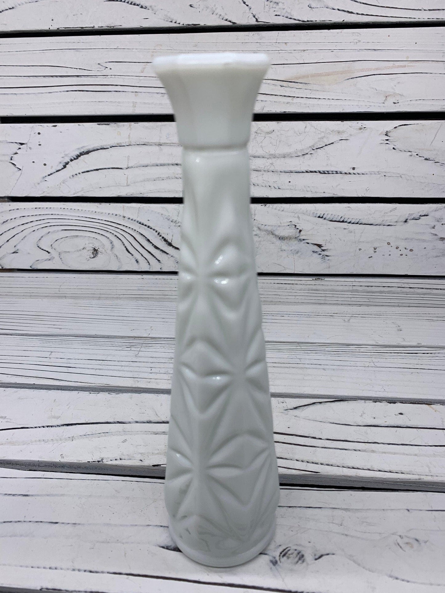 Vintage Glass Flower Bud Vase, White Milk Glass Single Rose Vase With Etched Detail For Weddings Or Showers -Located at Funkyhouse Vintage Antique Store, Weiser Idaho