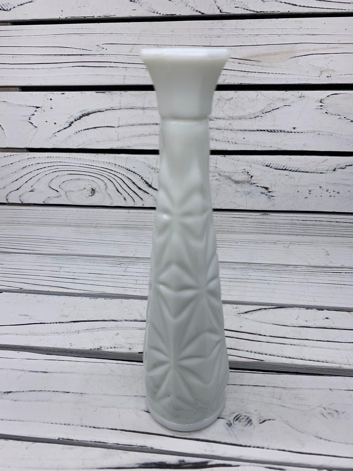 Vintage Glass Flower Bud Vase, White Milk Glass Single Rose Vase With Etched Detail For Weddings Or Showers -Located at Funkyhouse Vintage Antique Store, Weiser Idaho