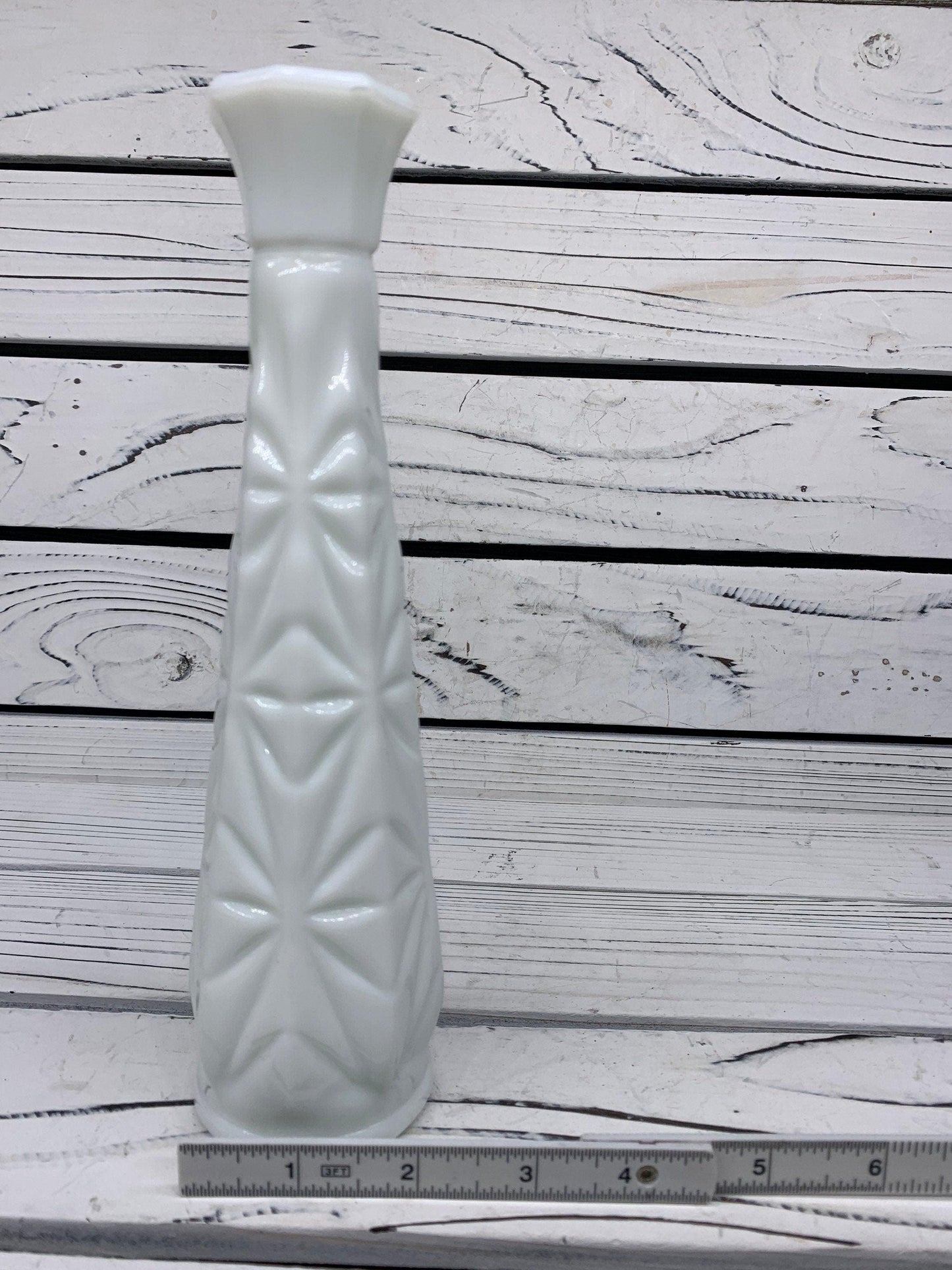 Vintage Glass Flower Bud Vase, White Milk Glass Single Rose Vase With Etched Detail For Weddings Or Showers -Located at Funkyhouse Vintage Antique Store, Weiser Idaho