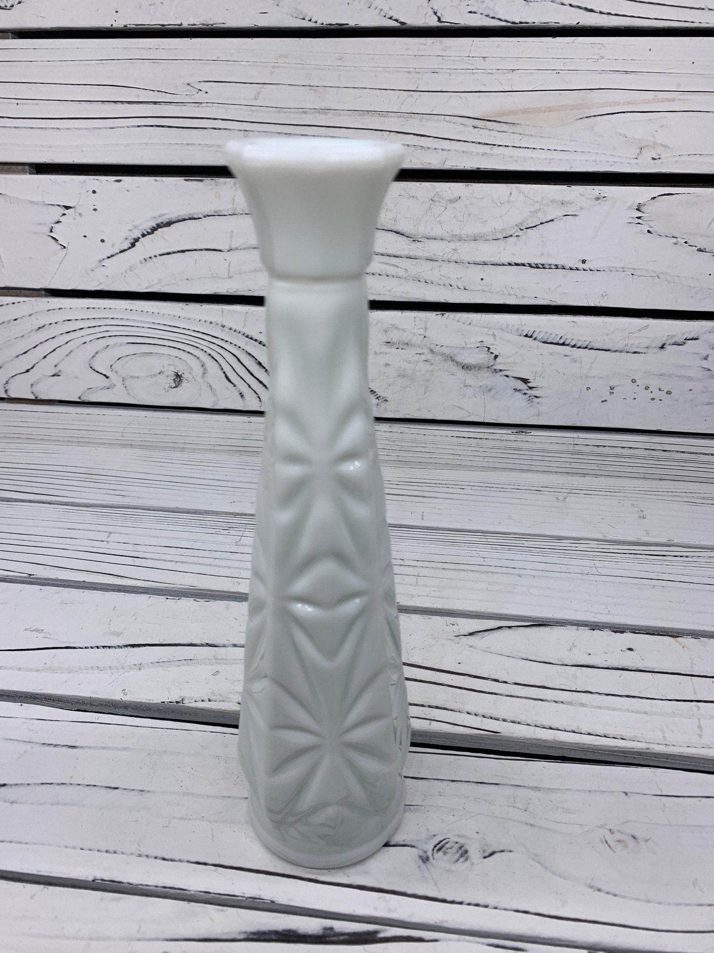 Vintage Glass Flower Bud Vase, White Milk Glass Single Rose Vase With Etched Detail For Weddings Or Showers -Located at Funkyhouse Vintage Antique Store, Weiser Idaho