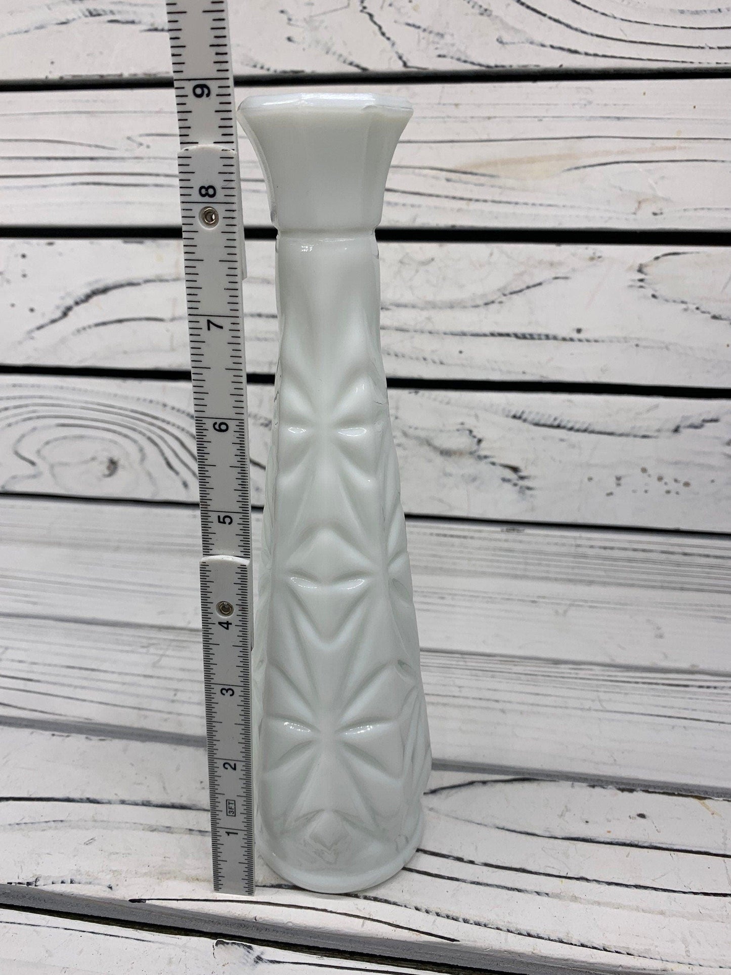 Vintage Glass Flower Bud Vase, White Milk Glass Single Rose Vase With Etched Detail For Weddings Or Showers -Located at Funkyhouse Vintage Antique Store, Weiser Idaho