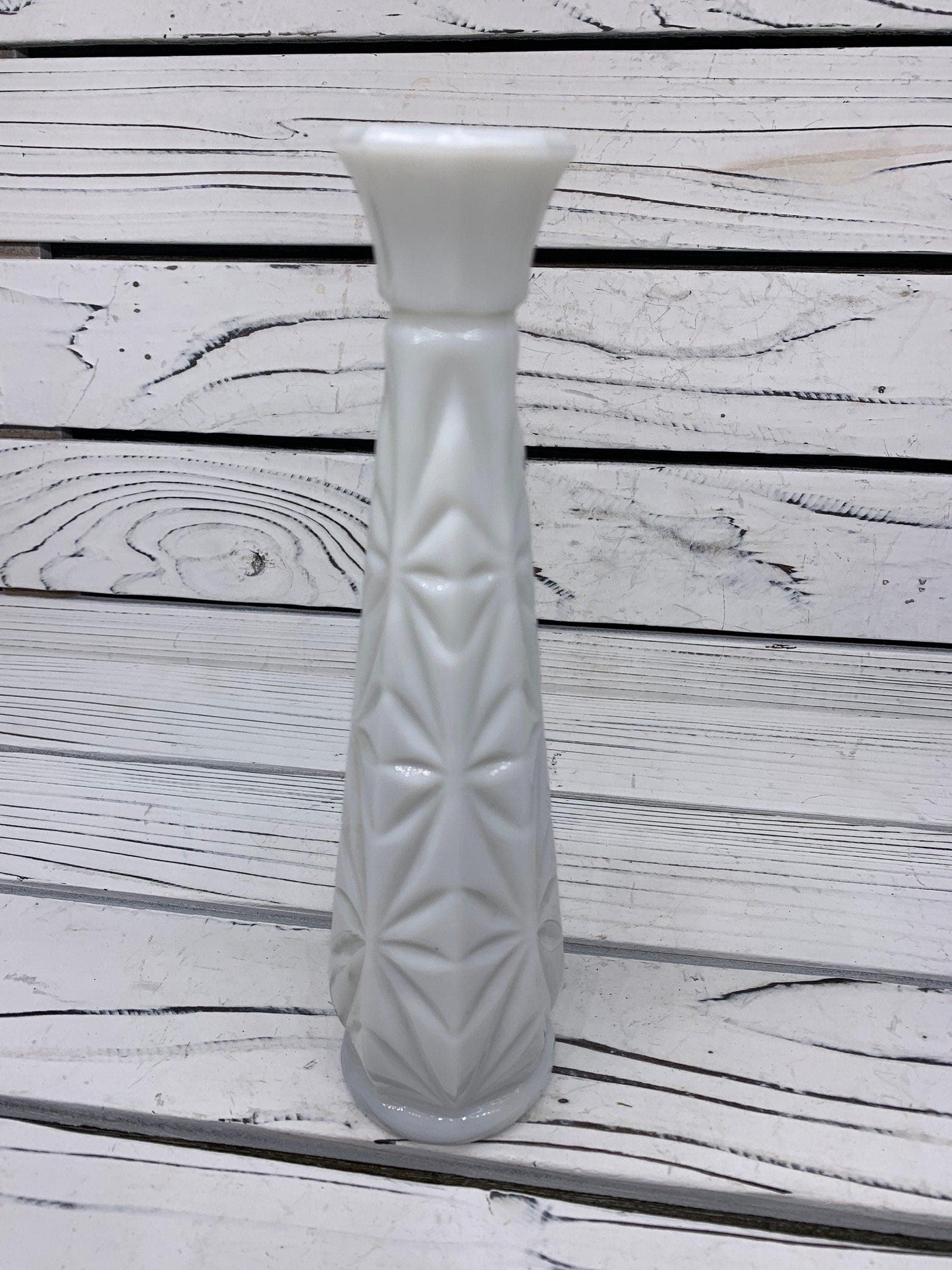 Vintage Glass Flower Vase, White Milk Glass Bud Vase With Etched Detail For Weddings Or Showers -Located at Funkyhouse Vintage Antique Store, Weiser Idaho