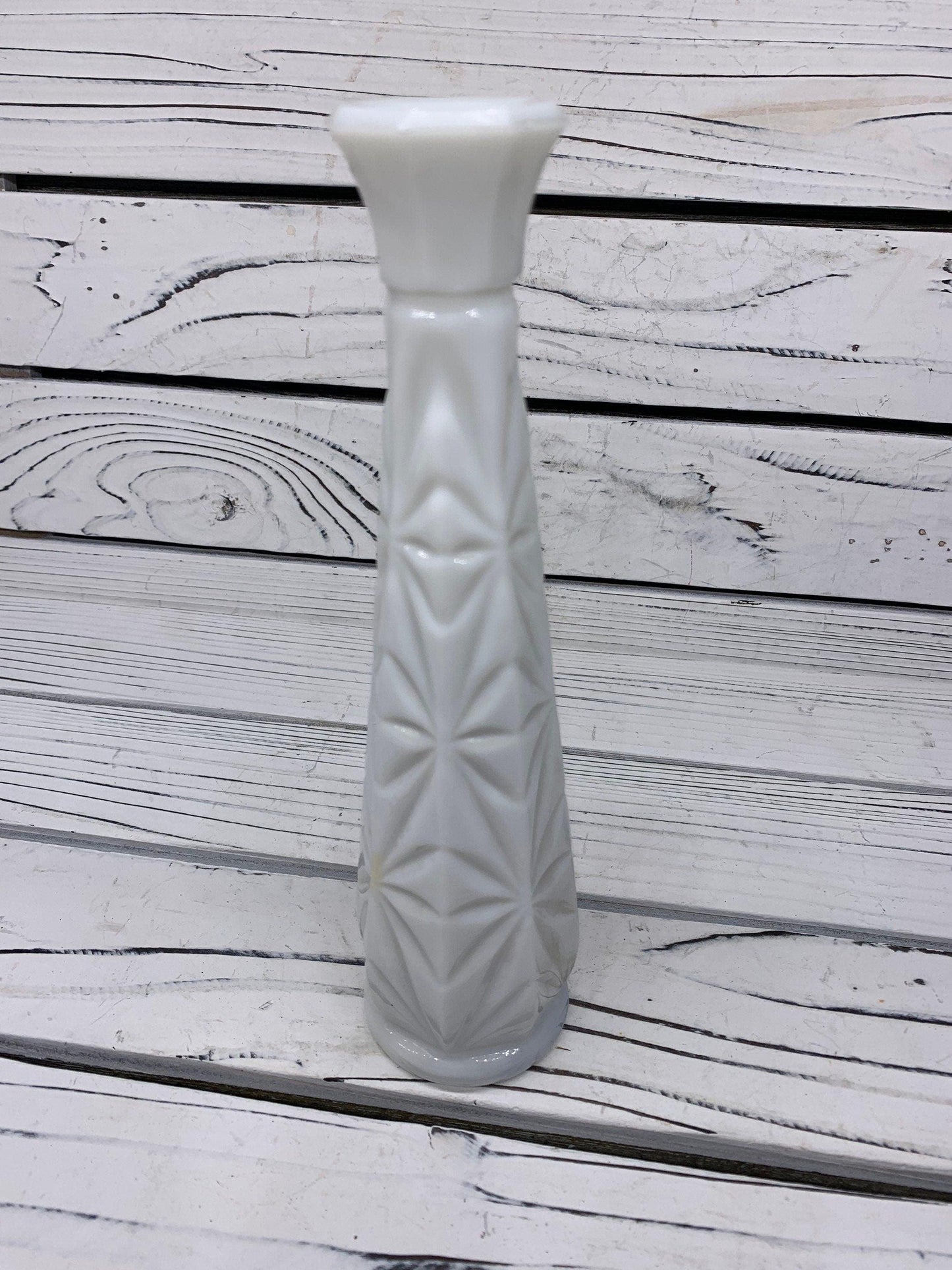 Vintage Glass Flower Vase, White Milk Glass Bud Vase With Etched Detail For Weddings Or Showers -Located at Funkyhouse Vintage Antique Store, Weiser Idaho