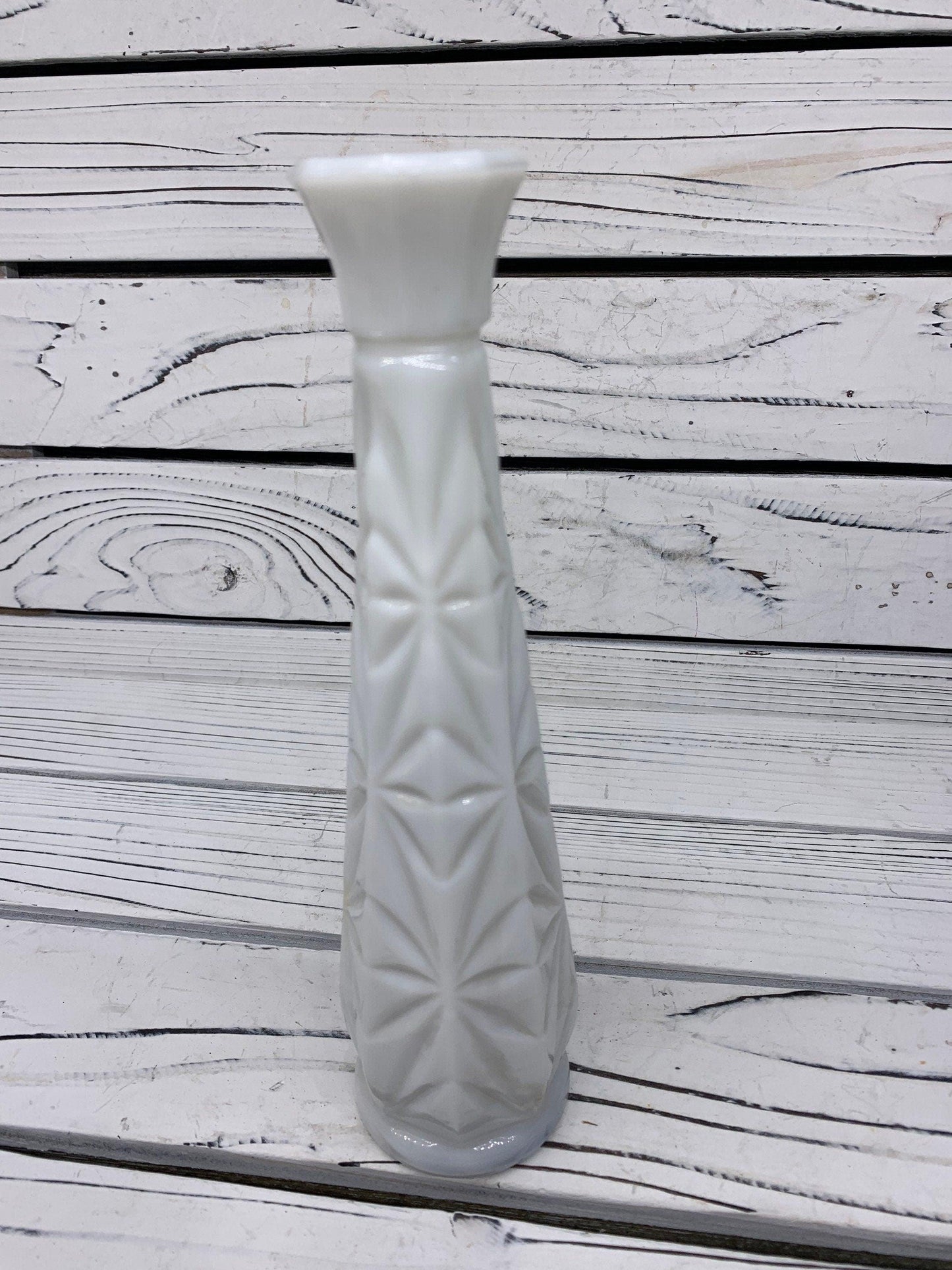 Vintage Glass Flower Vase, White Milk Glass Bud Vase With Etched Detail For Weddings Or Showers -Located at Funkyhouse Vintage Antique Store, Weiser Idaho