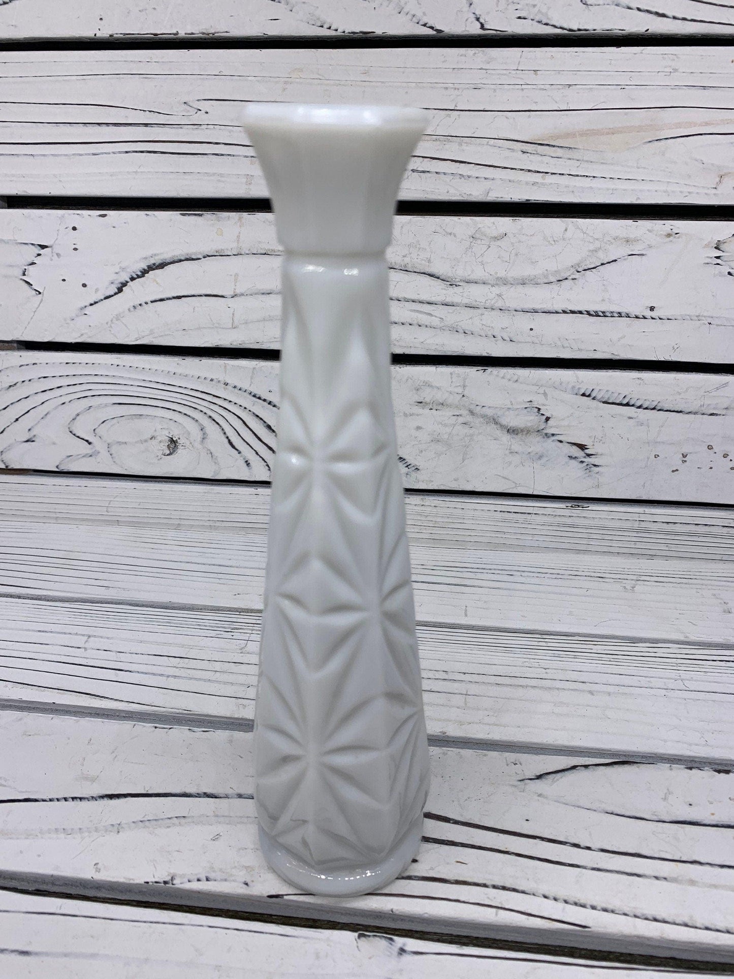 Vintage Glass Flower Vase, White Milk Glass Bud Vase With Etched Detail For Weddings Or Showers -Located at Funkyhouse Vintage Antique Store, Weiser Idaho