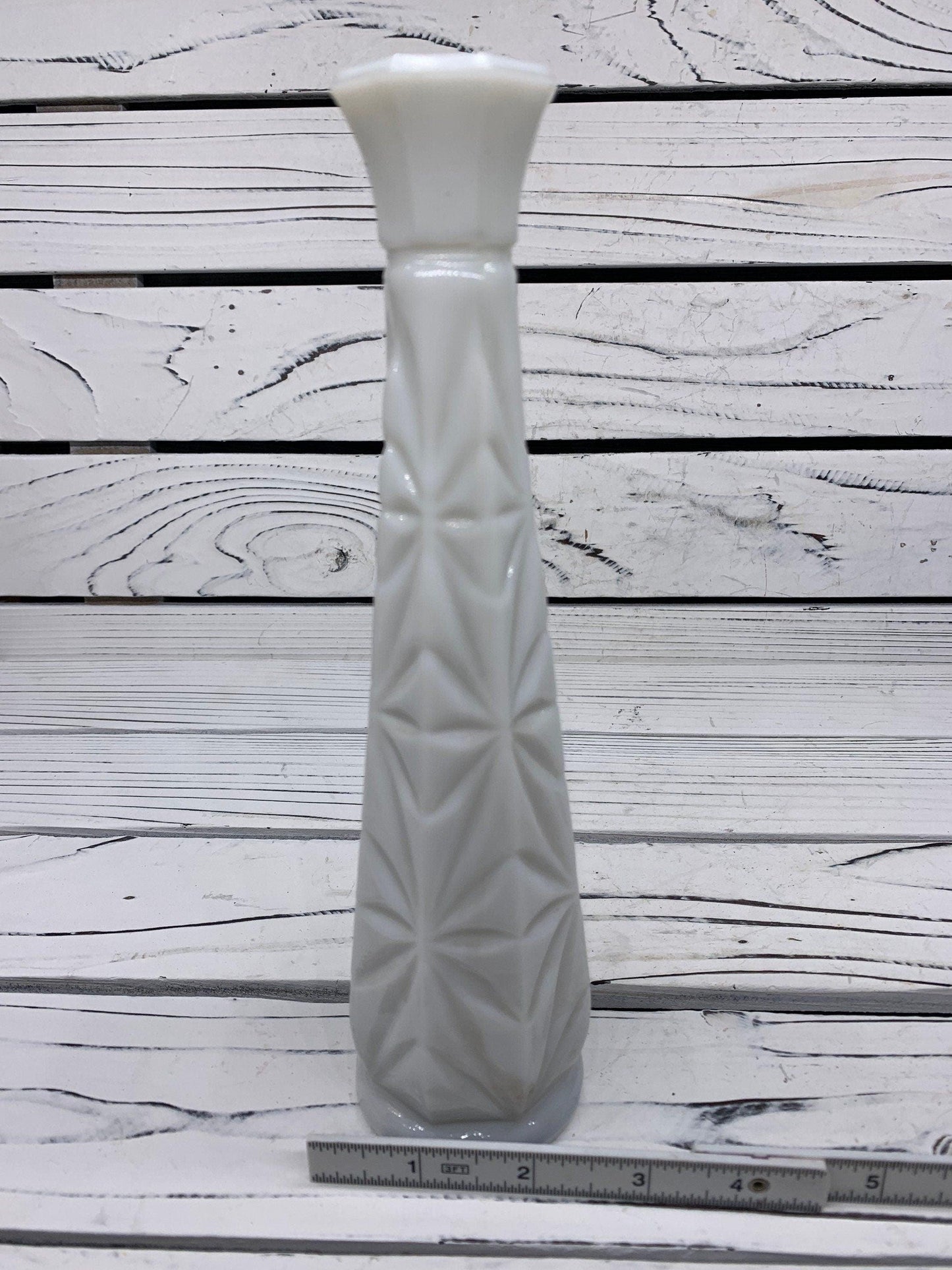 Vintage Glass Flower Vase, White Milk Glass Bud Vase With Etched Detail For Weddings Or Showers -Located at Funkyhouse Vintage Antique Store, Weiser Idaho