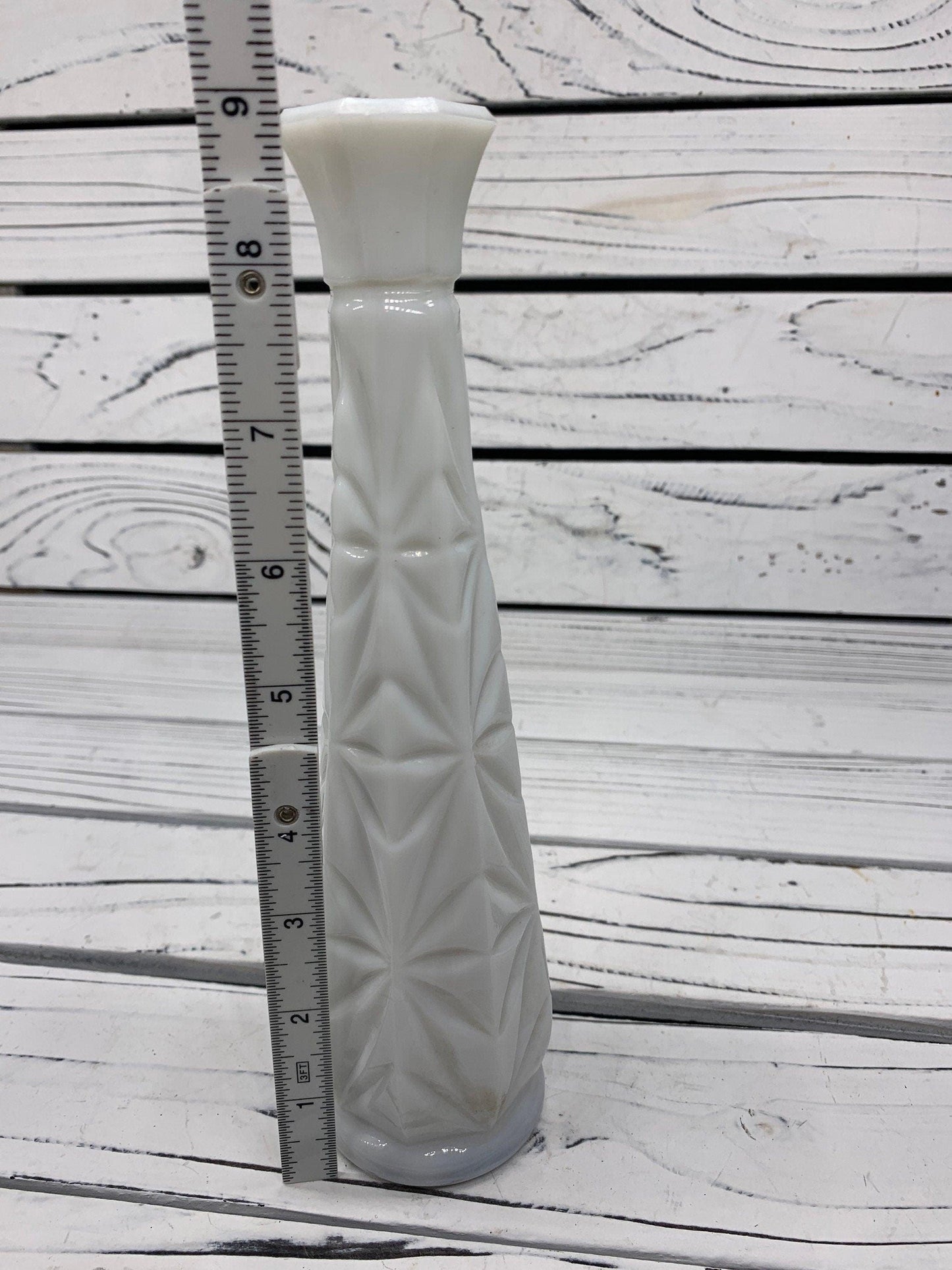 Vintage Glass Flower Vase, White Milk Glass Bud Vase With Etched Detail For Weddings Or Showers -Located at Funkyhouse Vintage Antique Store, Weiser Idaho